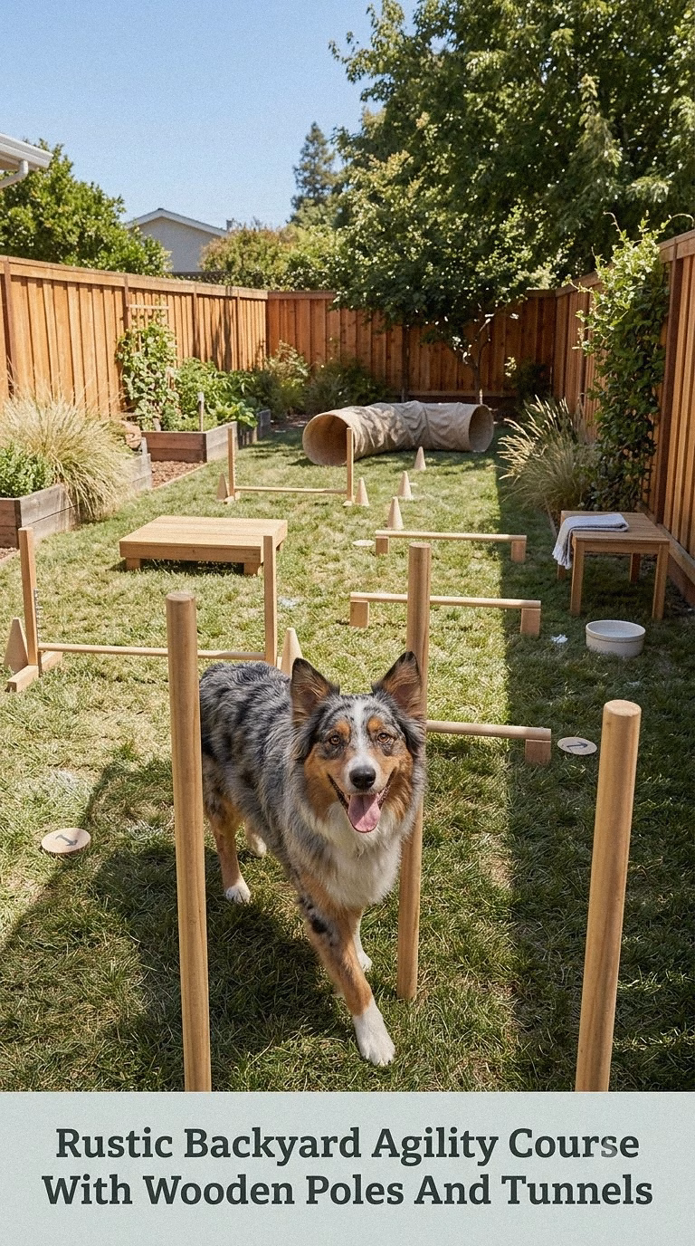 Rustic Backyard Agility Course With Wooden Poles And Tunnels