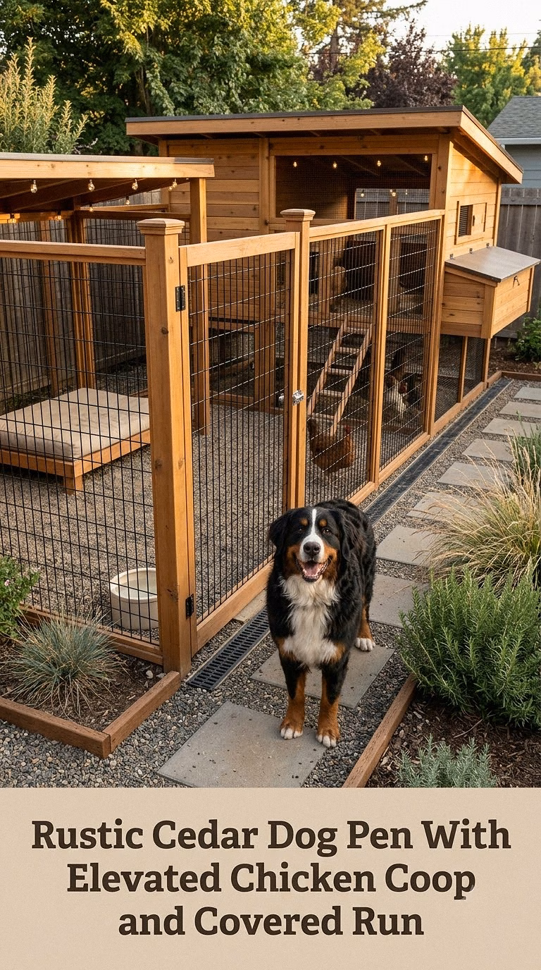 Rustic Cedar Dog Pen With Elevated Chicken Coop and Covered Run