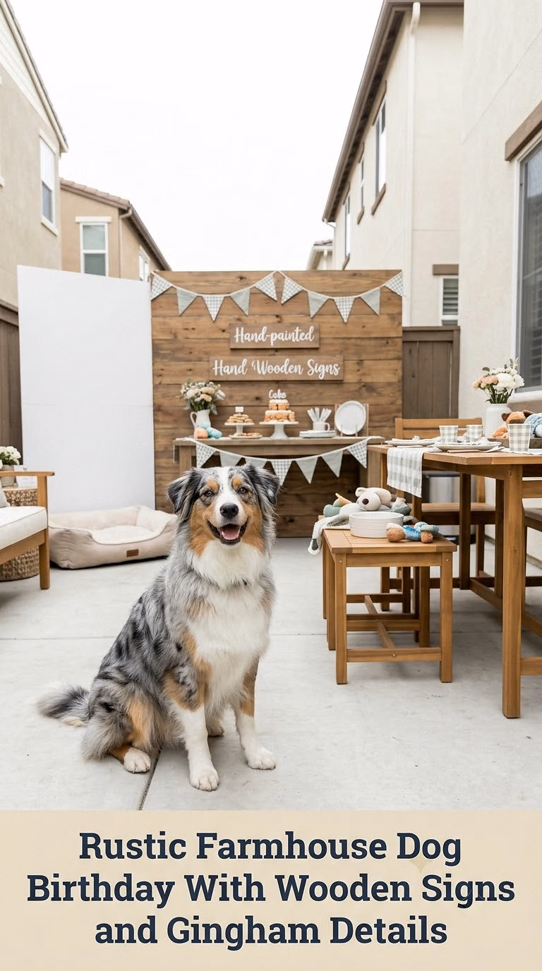 Rustic Farmhouse Dog Birthday With Wooden Signs and Gingham Details