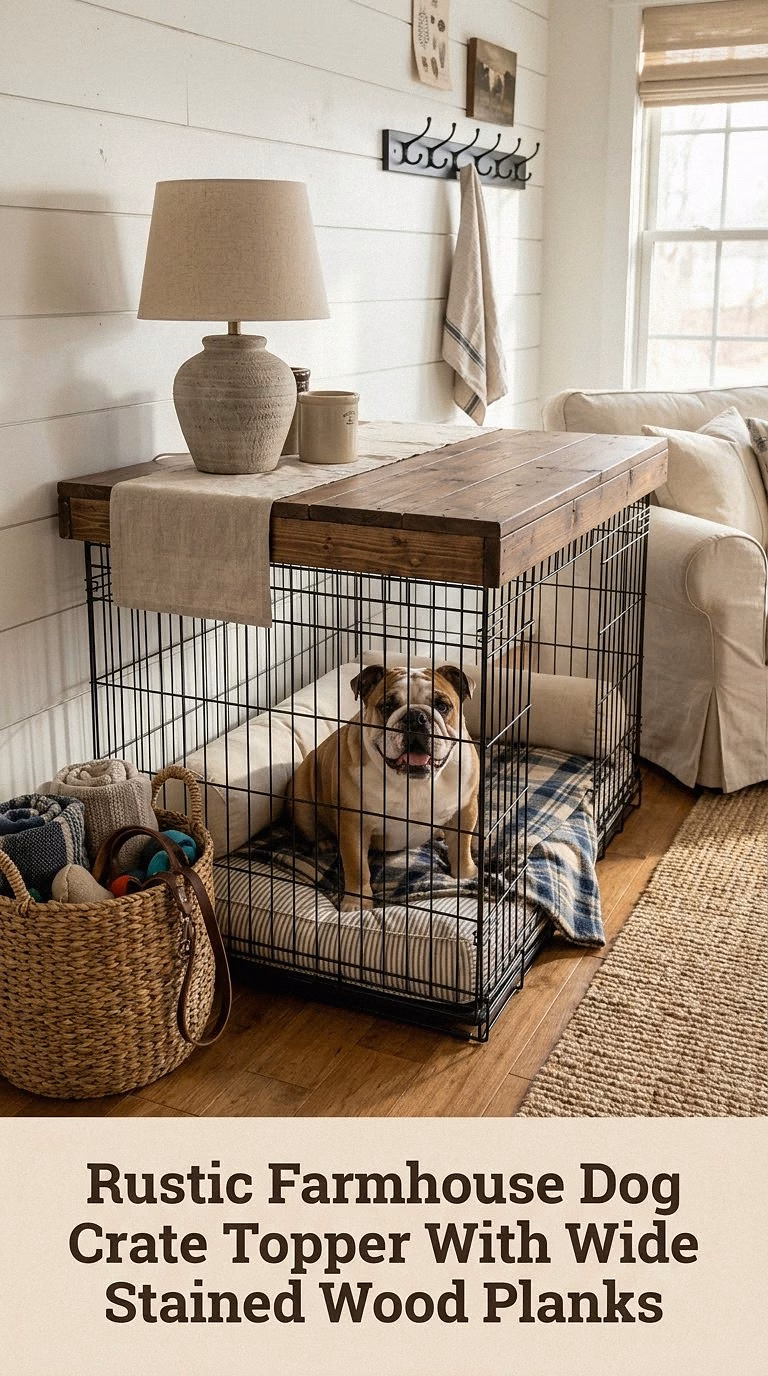 Rustic Farmhouse Dog Crate Topper With Wide Stained Wood Planks