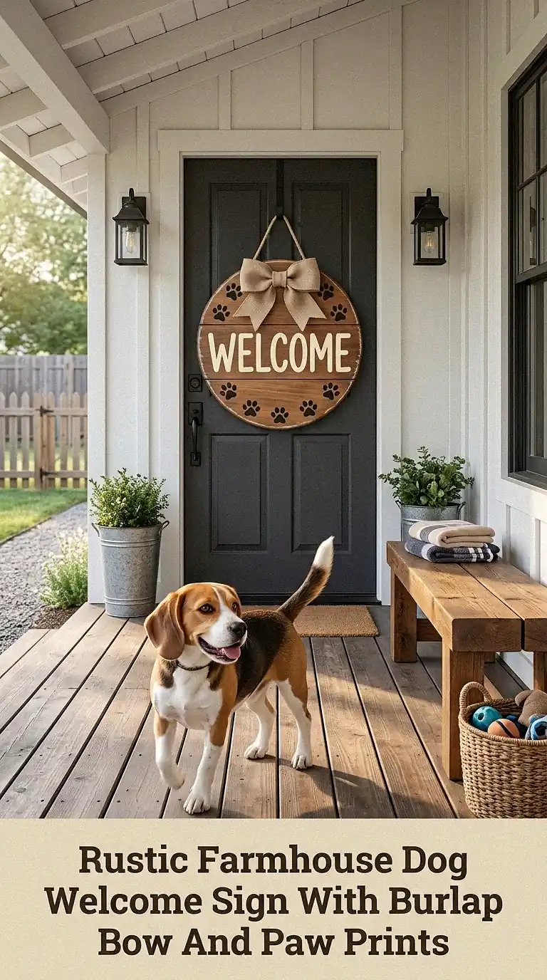 Rustic Farmhouse Dog Welcome Sign With Burlap Bow And Paw Prints