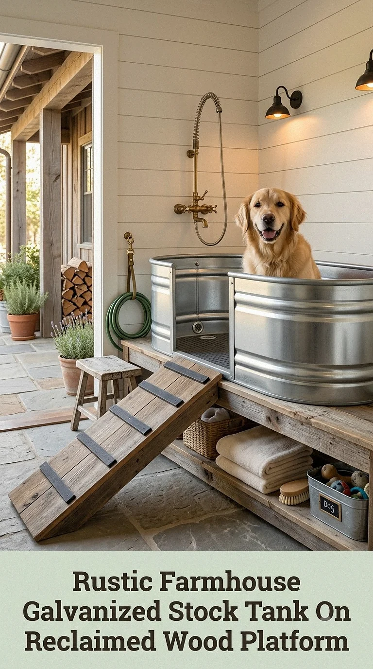 Rustic Farmhouse Galvanized Stock Tank On Reclaimed Wood Platform