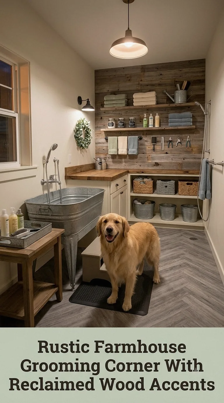 Rustic Farmhouse Grooming Corner With Reclaimed Wood Accents