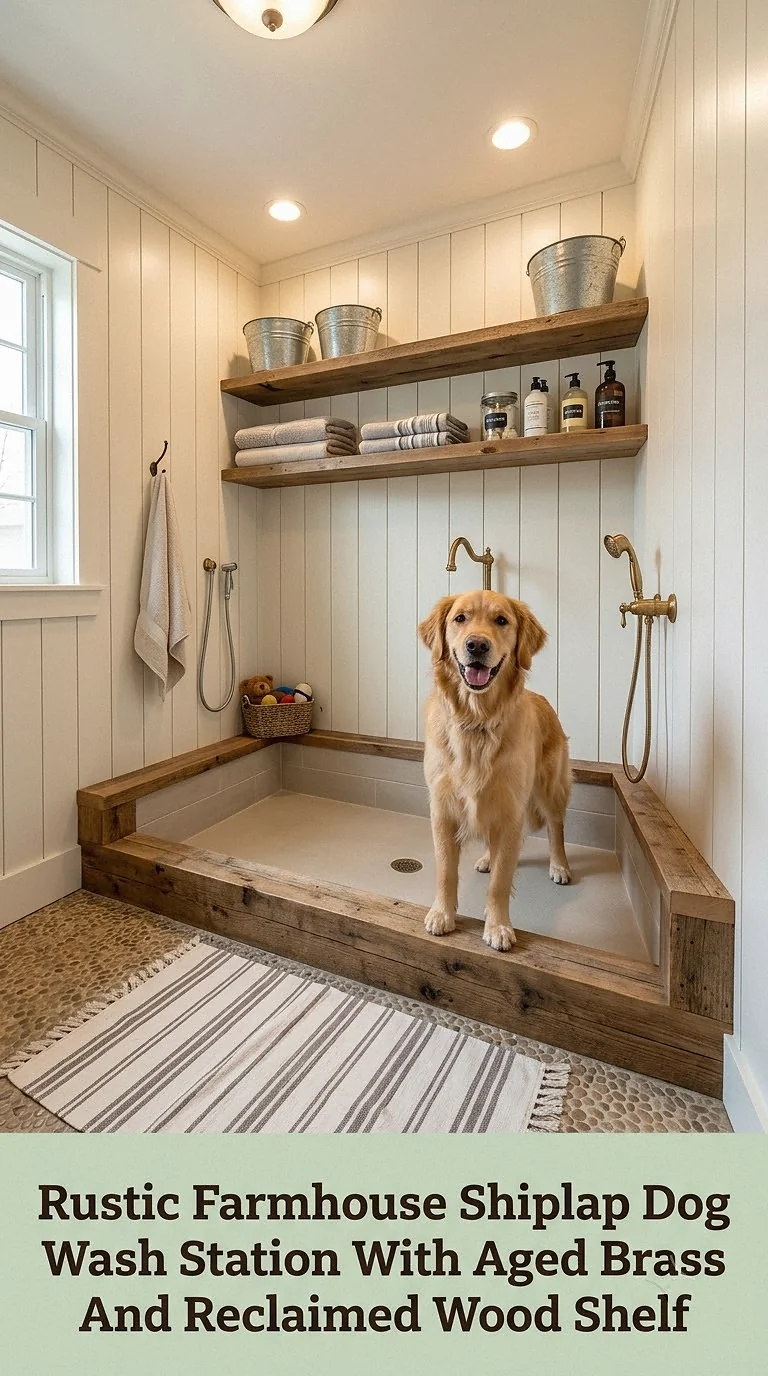 Rustic Farmhouse Shiplap Dog Wash Station With Aged Brass And Reclaimed Wood Shelf