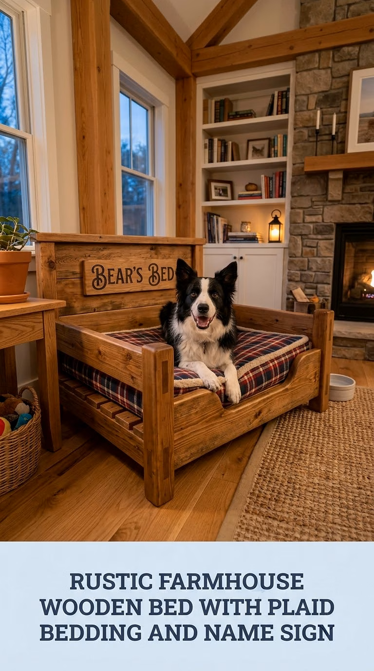 Rustic Farmhouse Wooden Bed With Plaid Bedding and Name Sign