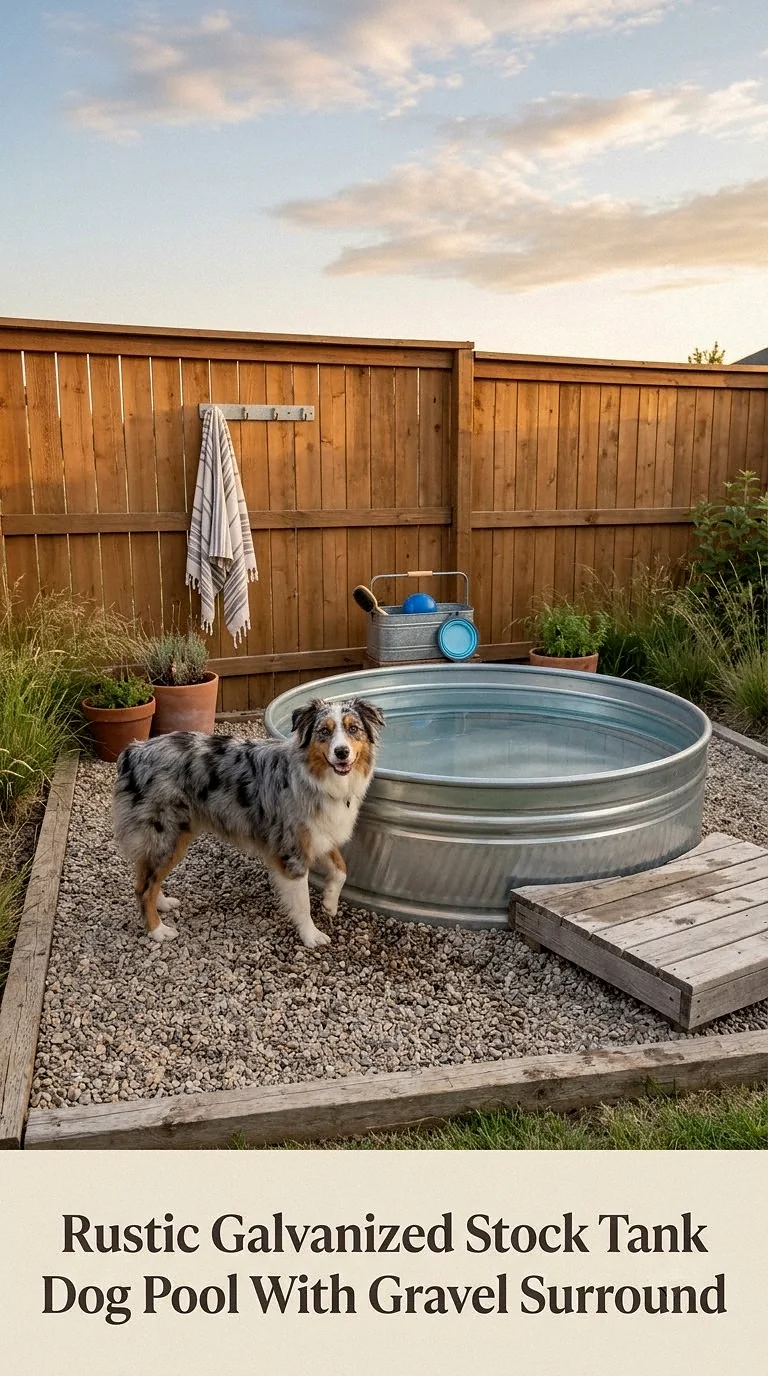 Rustic Galvanized Stock Tank Dog Pool With Gravel Surround