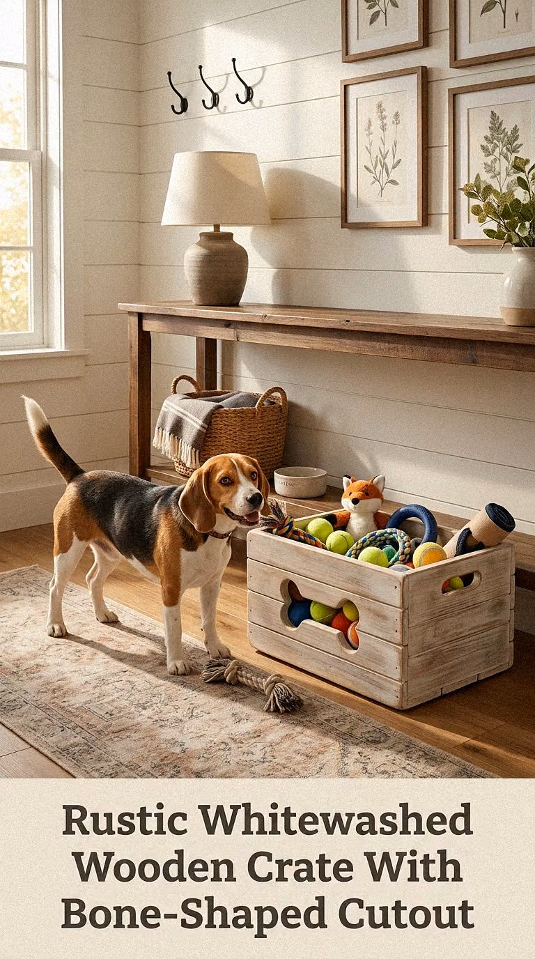 Rustic Whitewashed Wooden Crate With Bone-Shaped Cutout