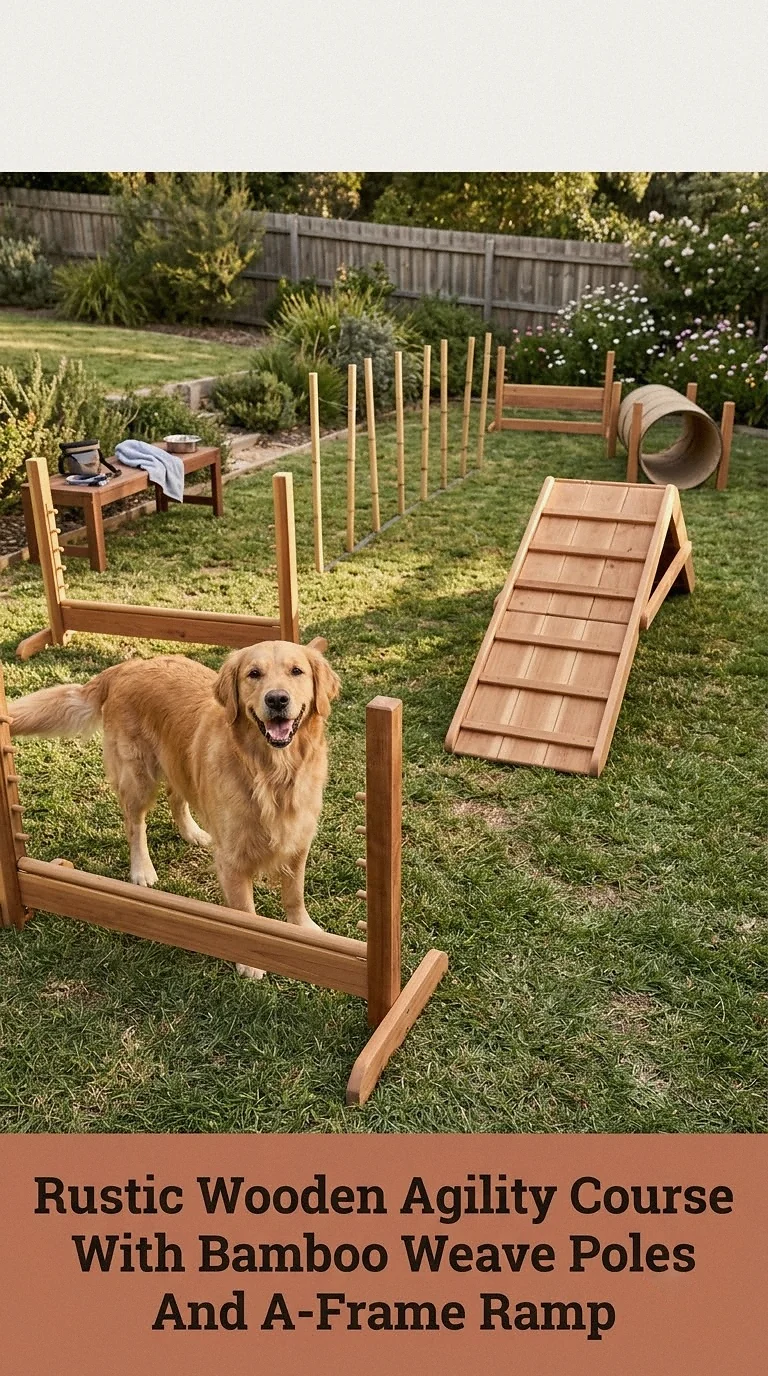 Rustic Wooden Agility Course With Bamboo Weave Poles And A-Frame Ramp