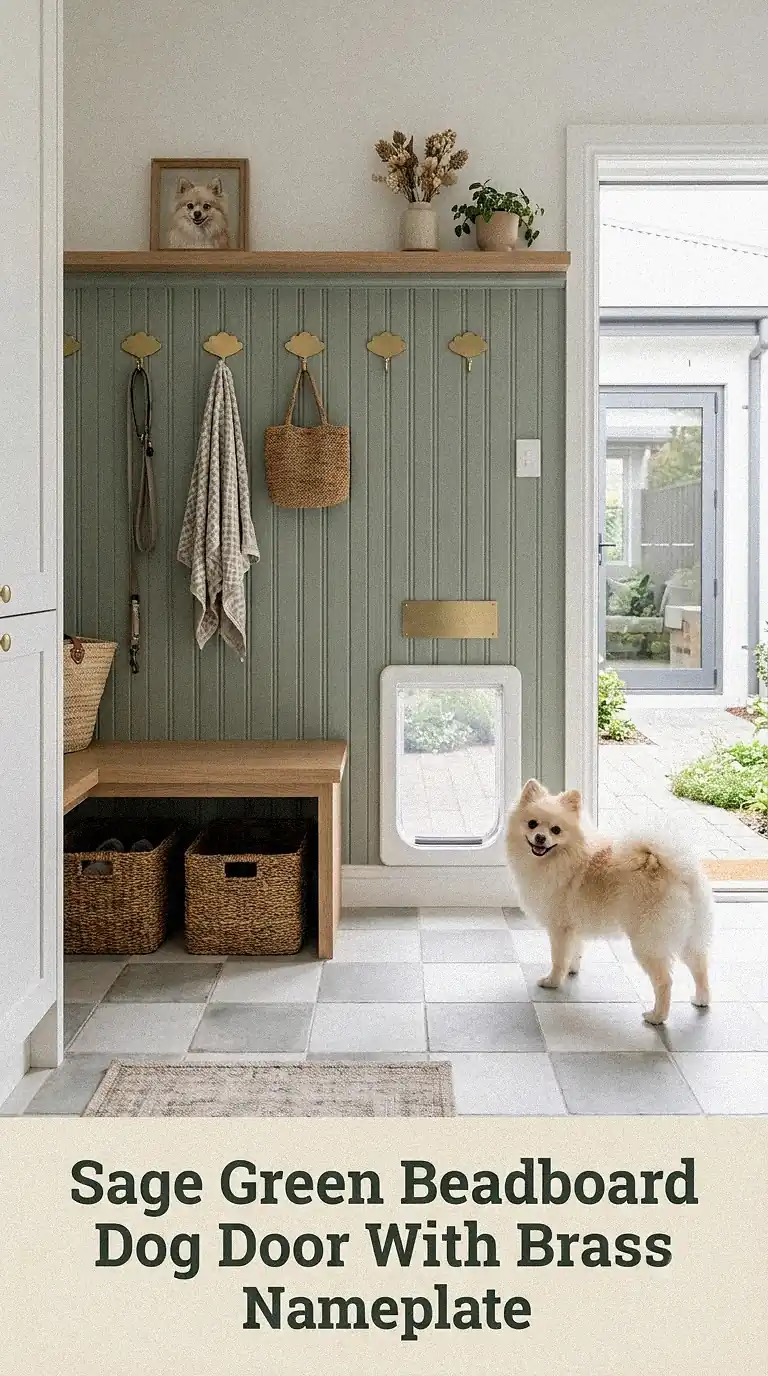 Sage Green Beadboard Dog Door With Brass Nameplate