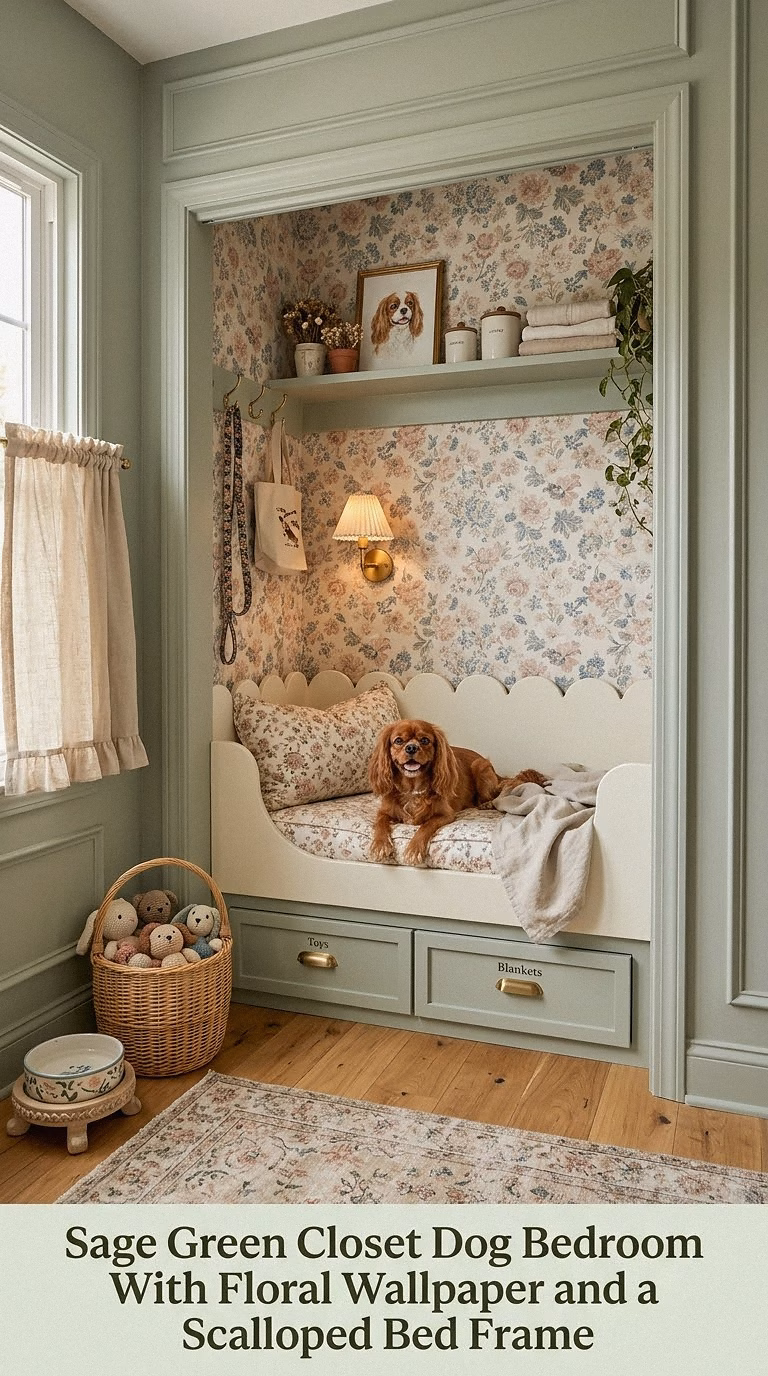 2. Sage Green Closet Dog Bedroom With Floral Wallpaper and a Scalloped Bed Frame