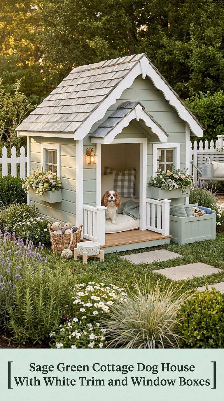 Sage Green Cottage Dog House With White Trim and Window Boxes
