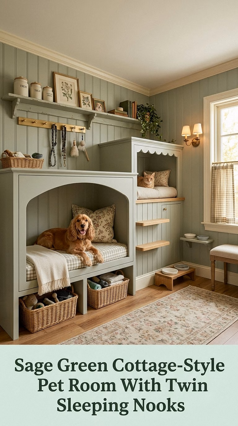 2. Sage Green Cottage-Style Pet Room With Twin Sleeping Nooks