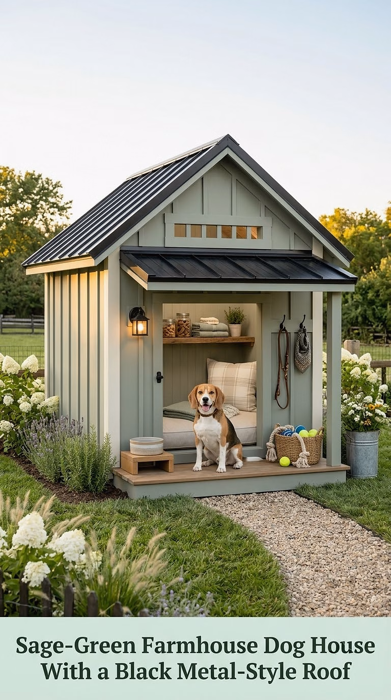 2. Sage-Green Farmhouse Dog House With a Black Metal-Style Roof