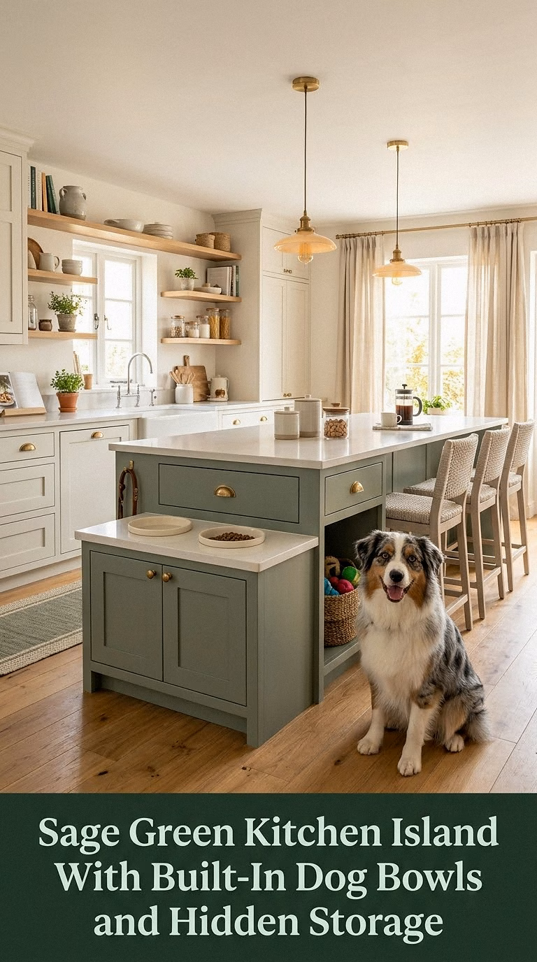 2. Sage Green Kitchen Island With Built-In Dog Bowls and Hidden Storage