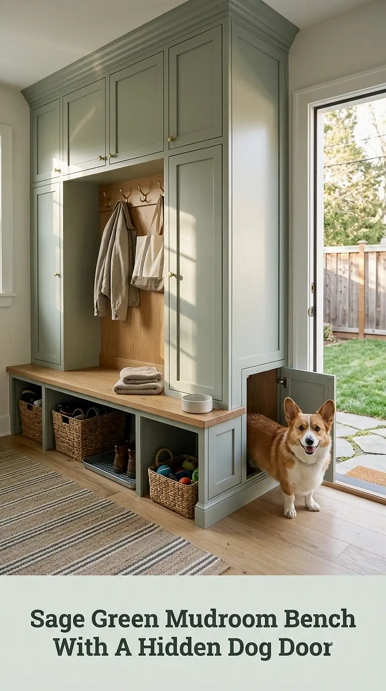Sage Green Mudroom Bench With A Hidden Dog Door