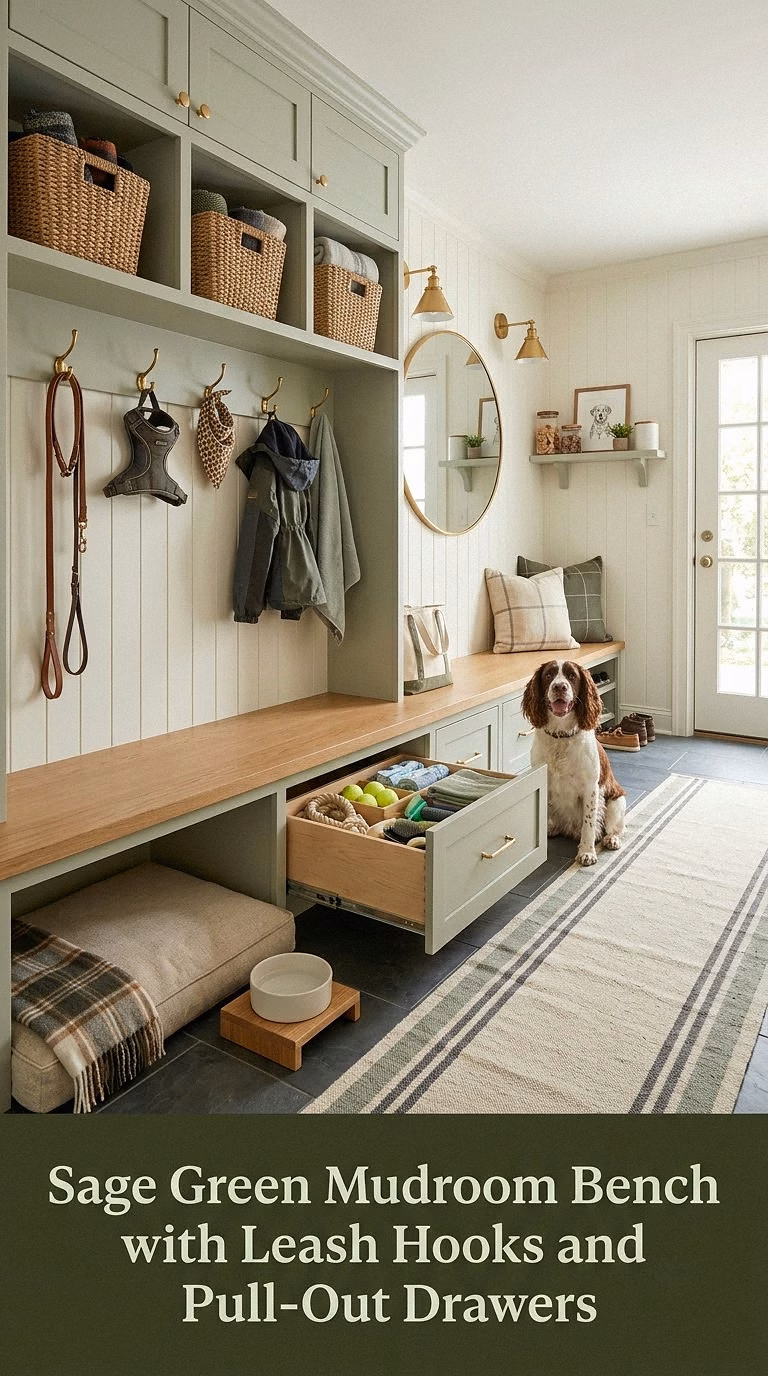 Sage Green Mudroom Bench with Leash Hooks and Pull-Out Drawers