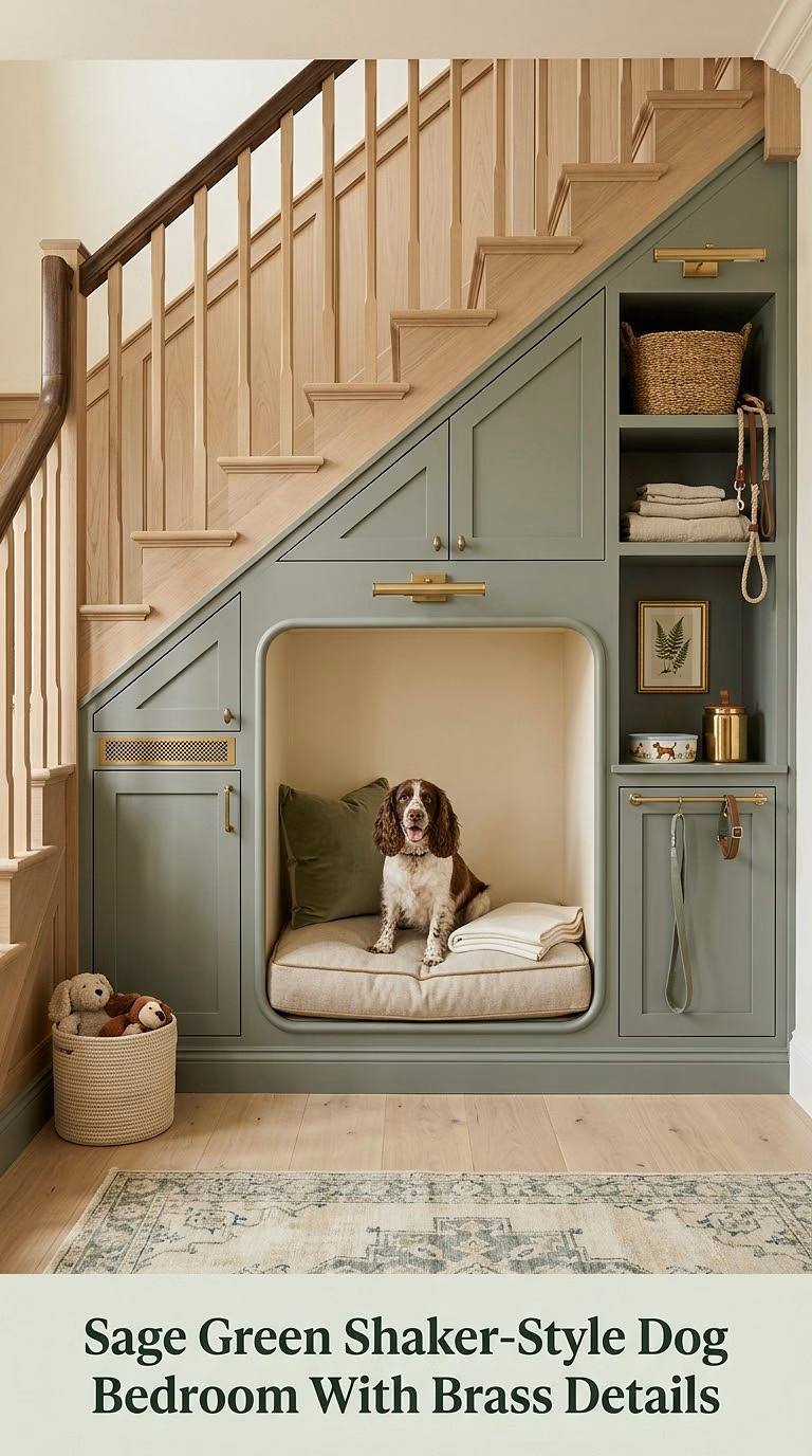 2. Sage Green Shaker-Style Dog Bedroom With Brass Details