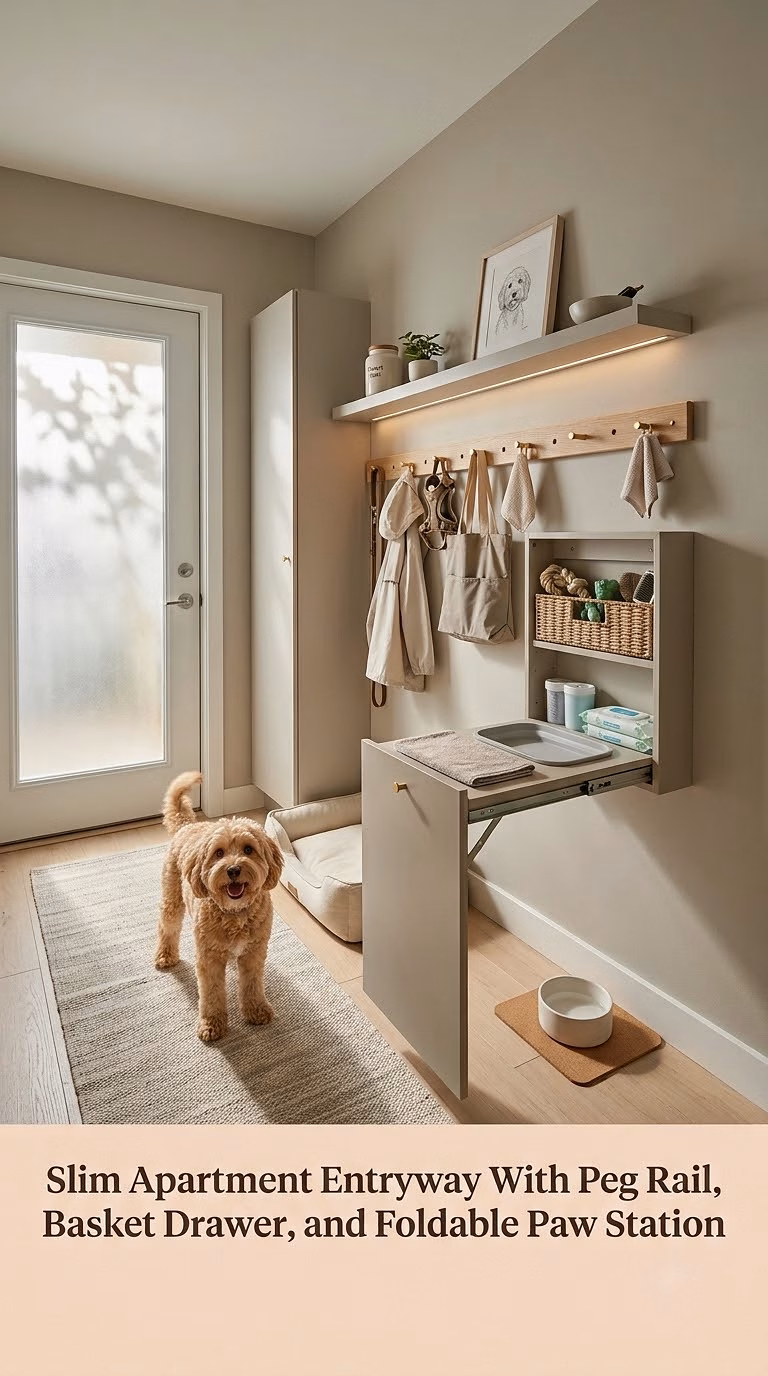 2. Slim Apartment Entryway With Peg Rail, Basket Drawer, and Foldable Paw Station