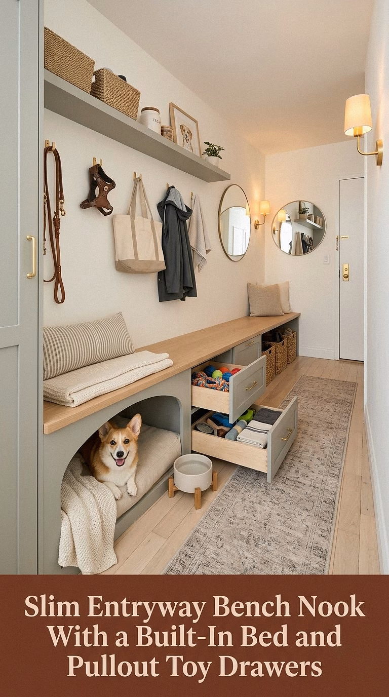 2. Slim Entryway Bench Nook With a Built-In Bed and Pullout Toy Drawers