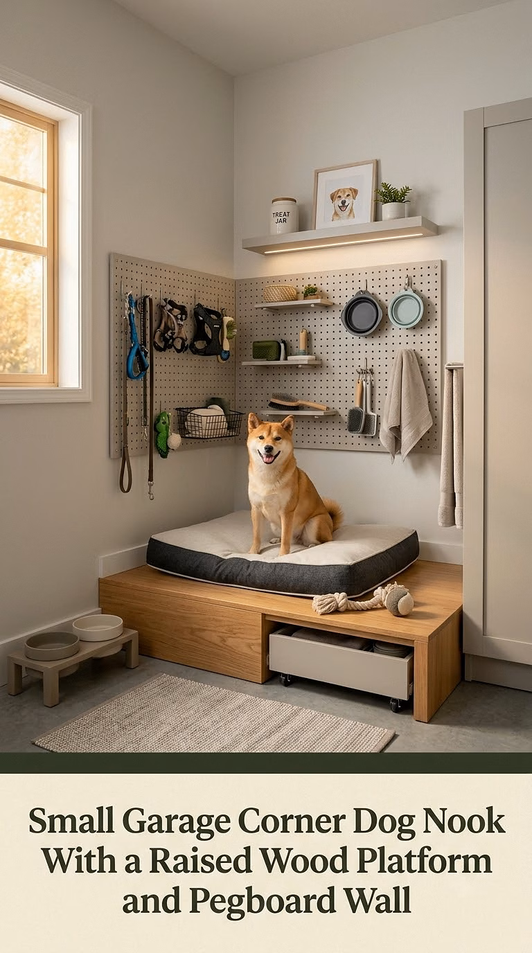 2. Small Garage Corner Dog Nook With a Raised Wood Platform and Pegboard Wall