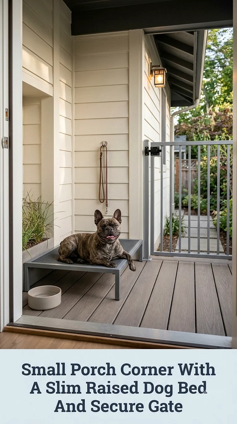 Small Porch Corner With A Slim Raised Dog Bed And Secure Gate