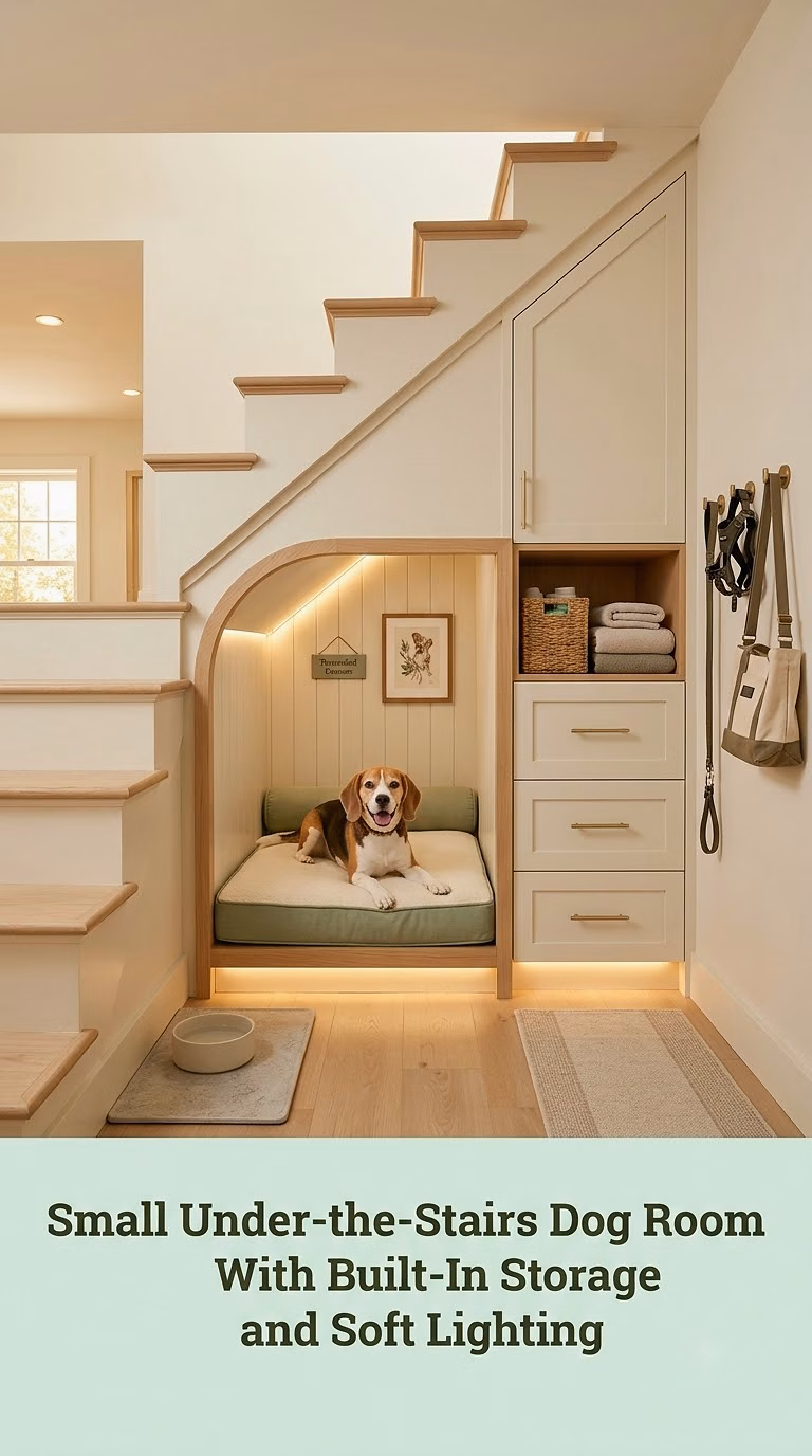 2. Small Under-the-Stairs Dog Room With Built-In Storage and Soft Lighting