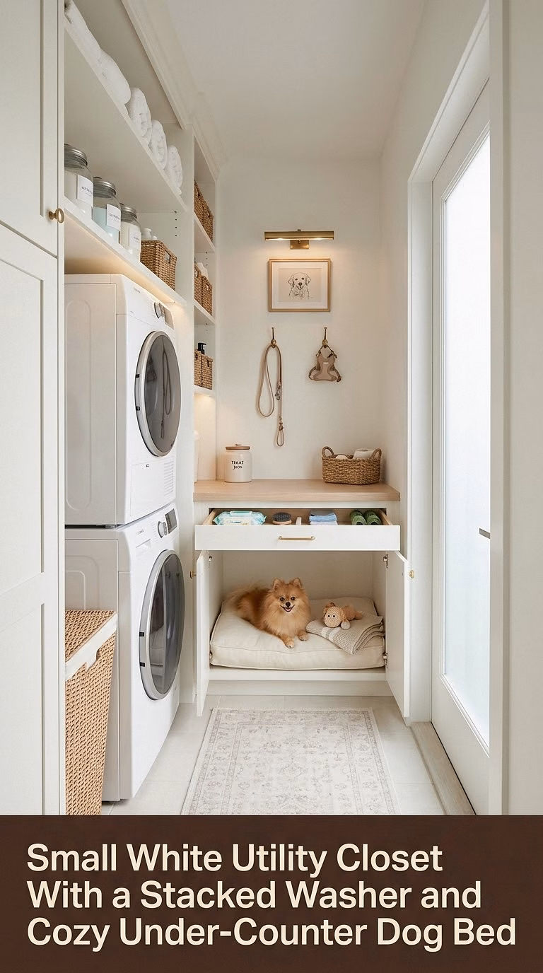 2. Small White Utility Closet With a Stacked Washer and Cozy Under-Counter Dog Bed