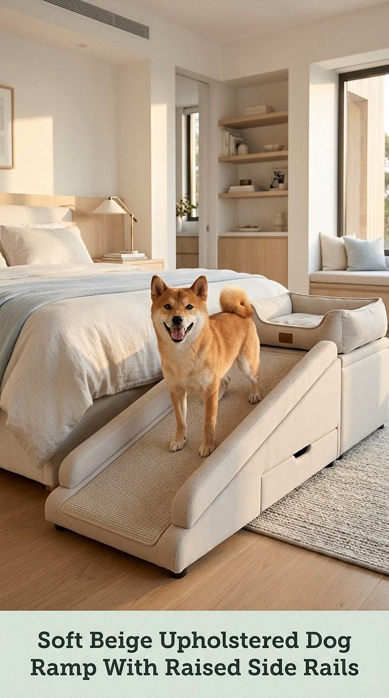 Soft Beige Upholstered Dog Ramp With Raised Side Rails