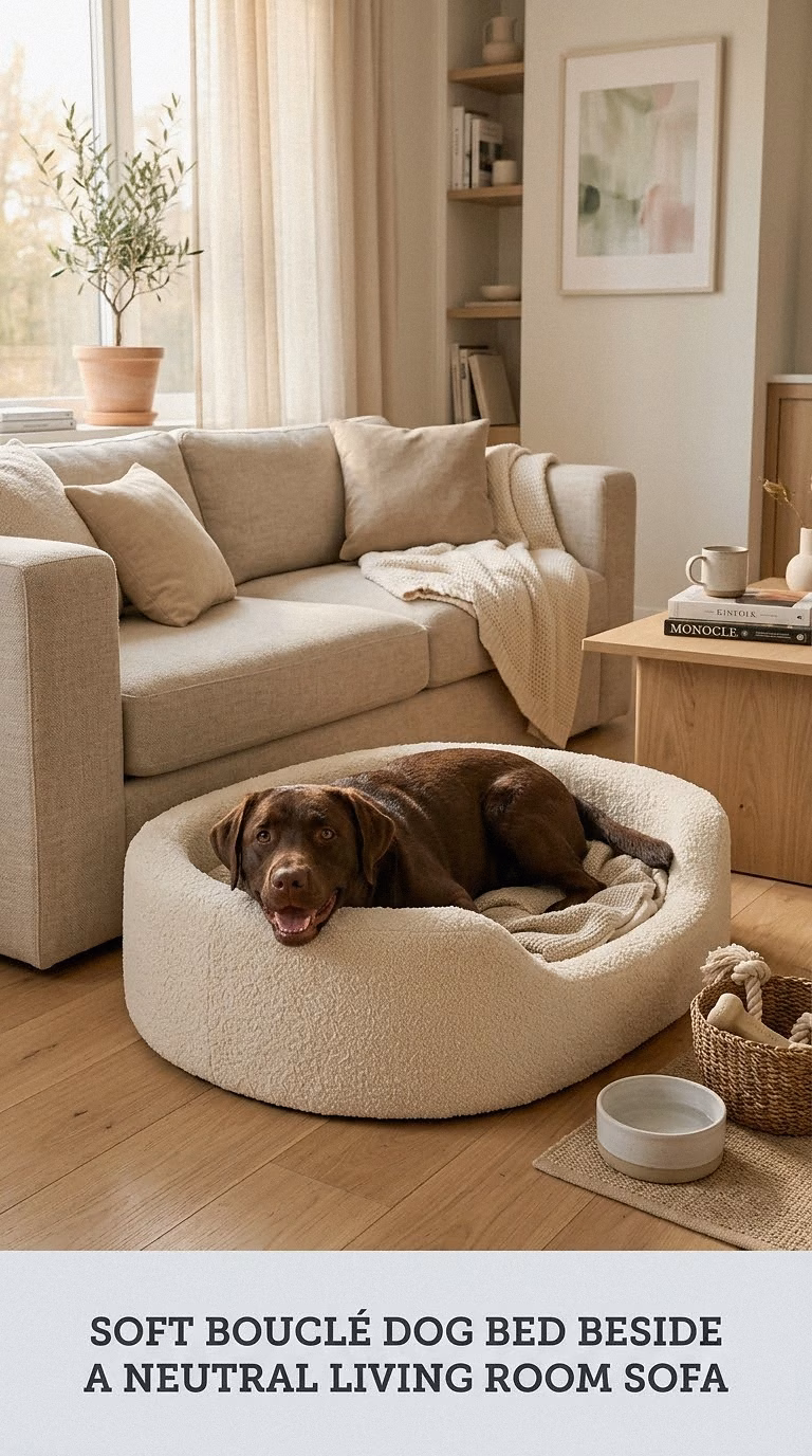 Soft Bouclé Dog Bed Beside a Neutral Living Room Sofa