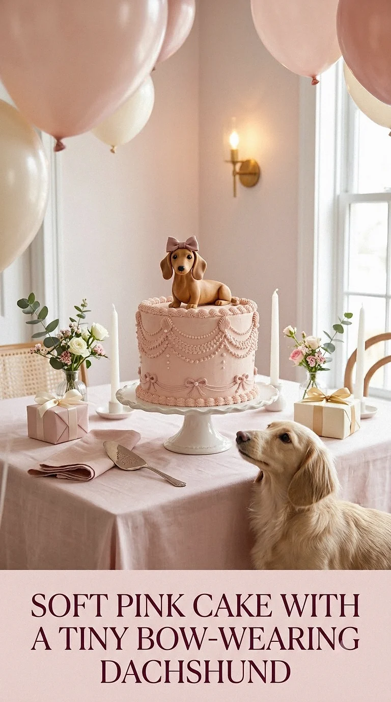 Soft Pink Cake With A Tiny Bow-Wearing Dachshund
