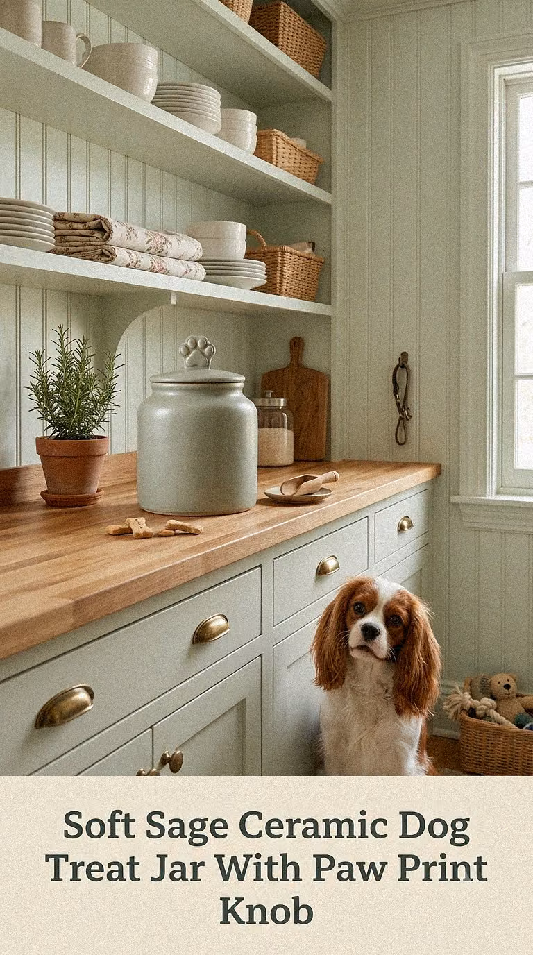 Soft Sage Ceramic Dog Treat Jar With Paw Print Knob
