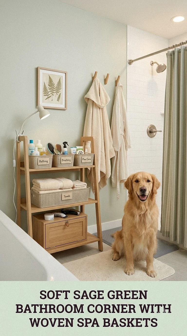 Soft Sage Green Bathroom Corner With Woven Spa Baskets