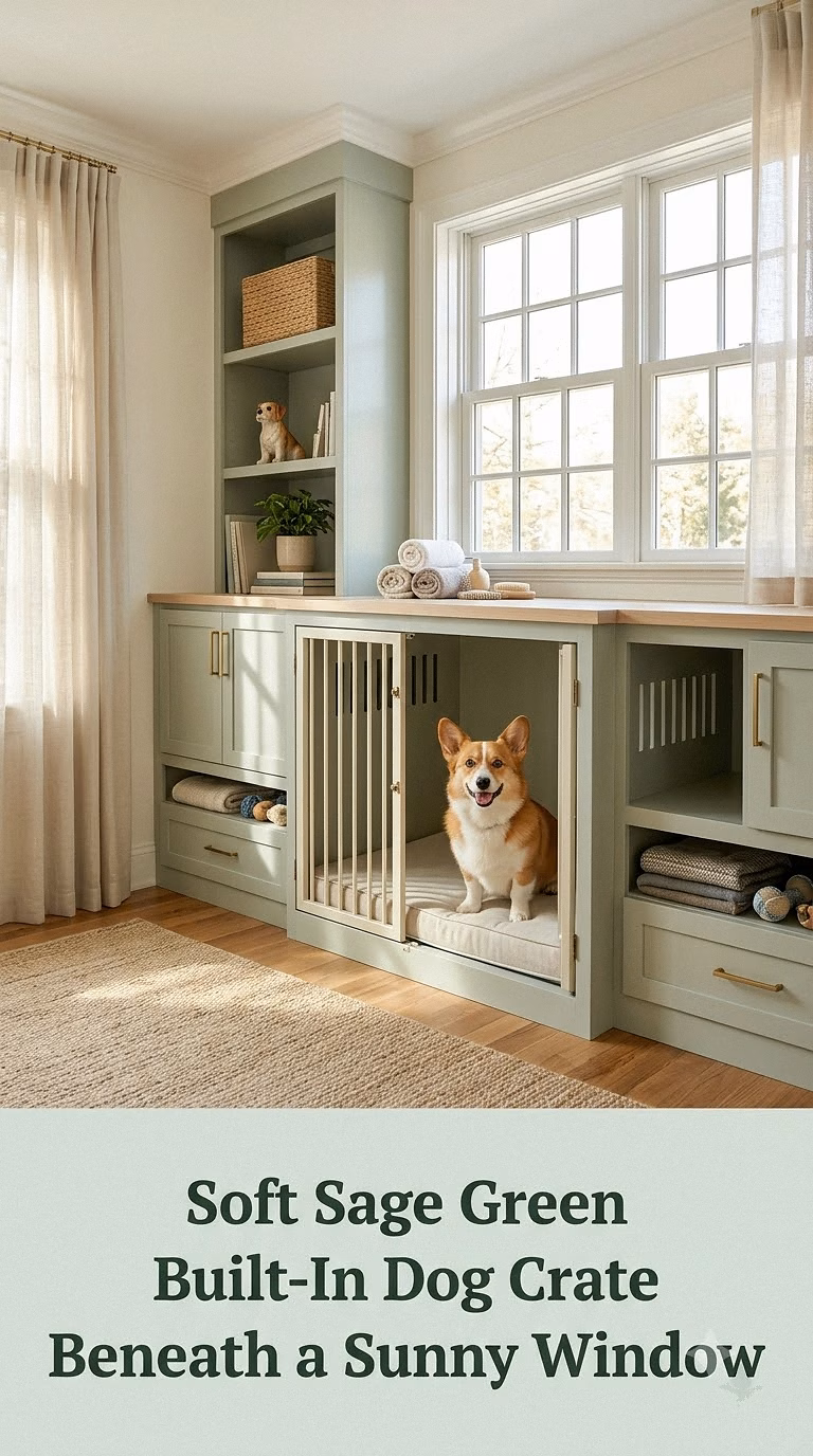 Soft Sage Green Built-In Dog Crate Beneath a Sunny Window