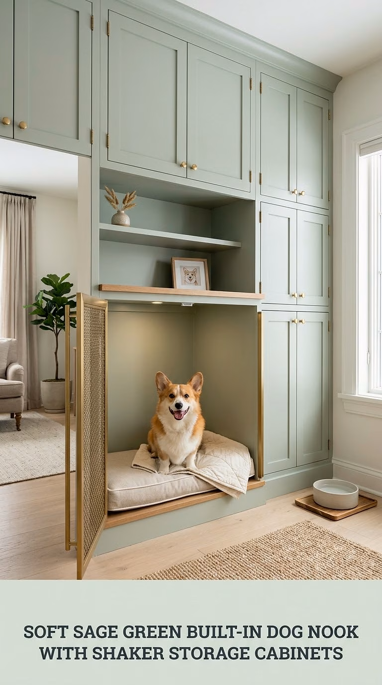 Soft Sage Green Built-In Dog Nook With Shaker Storage Cabinets