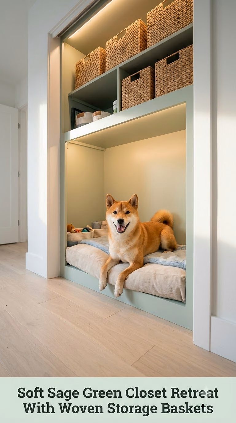 Soft Sage Green Closet Retreat With Woven Storage Baskets