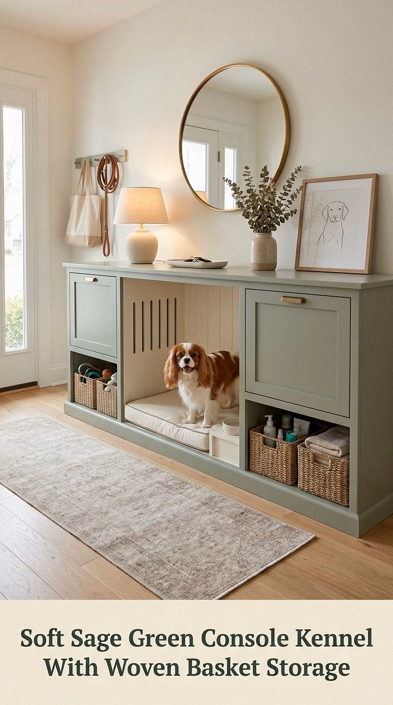 Soft Sage Green Console Kennel With Woven Basket Storage