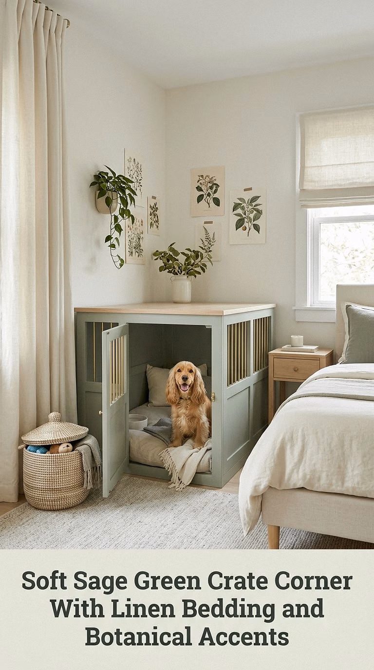 Soft Sage Green Crate Corner With Linen Bedding and Botanical Accents