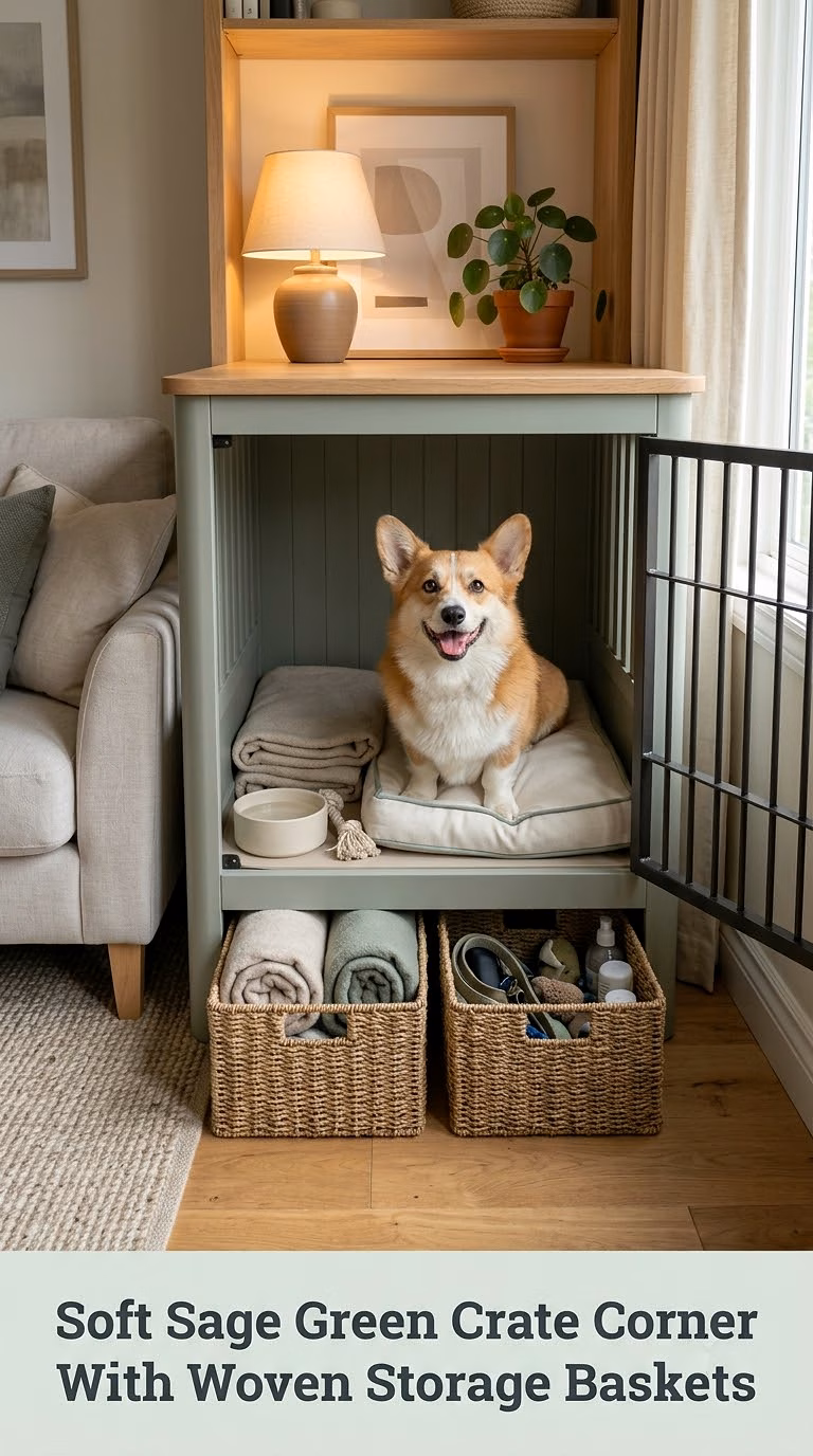 Soft Sage Green Crate Corner With Woven Storage Baskets