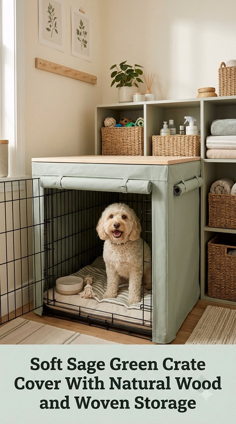 Soft Sage Green Crate Cover With Natural Wood and Woven Storage