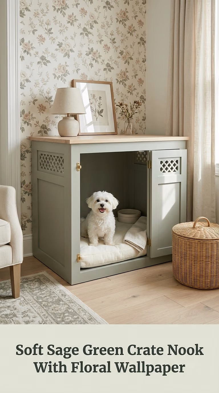 Soft Sage Green Crate Nook With Floral Wallpaper