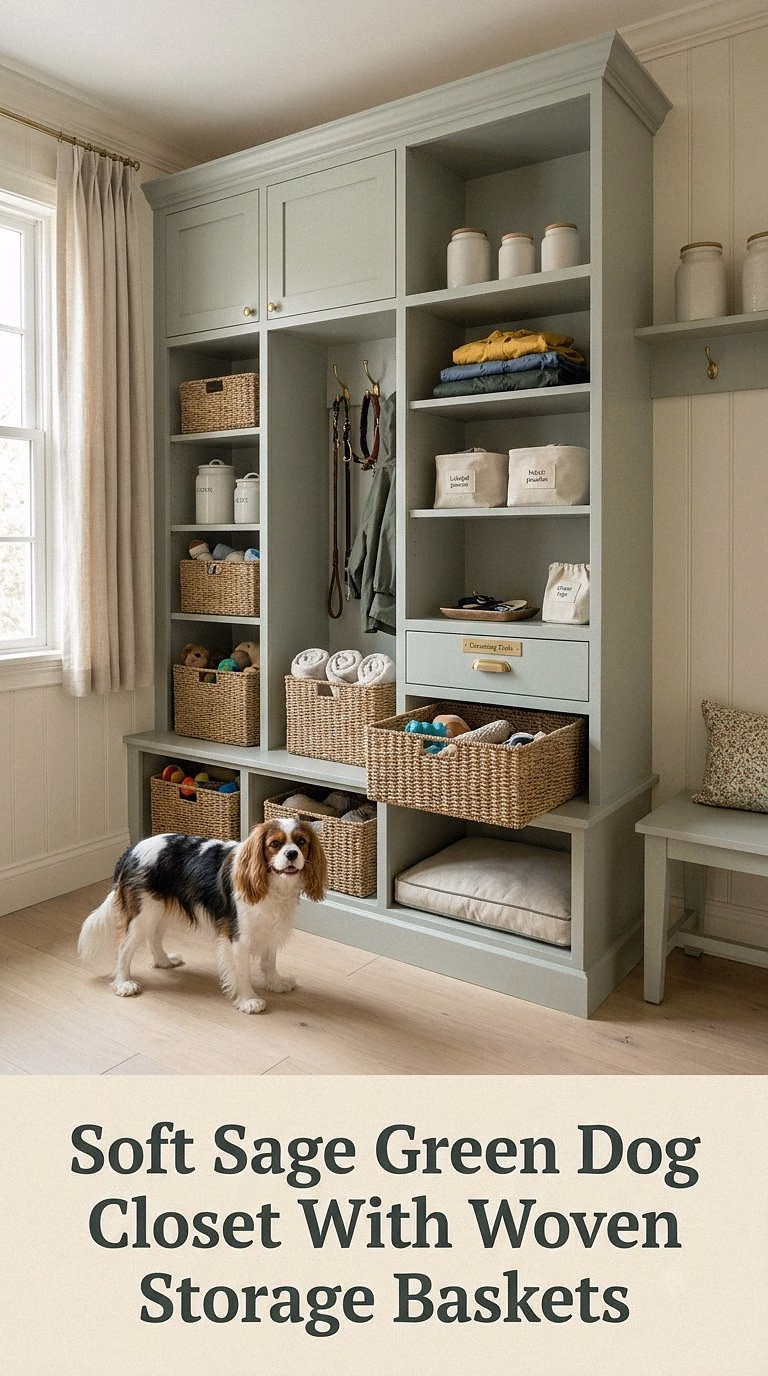 Soft Sage Green Dog Closet With Woven Storage Baskets