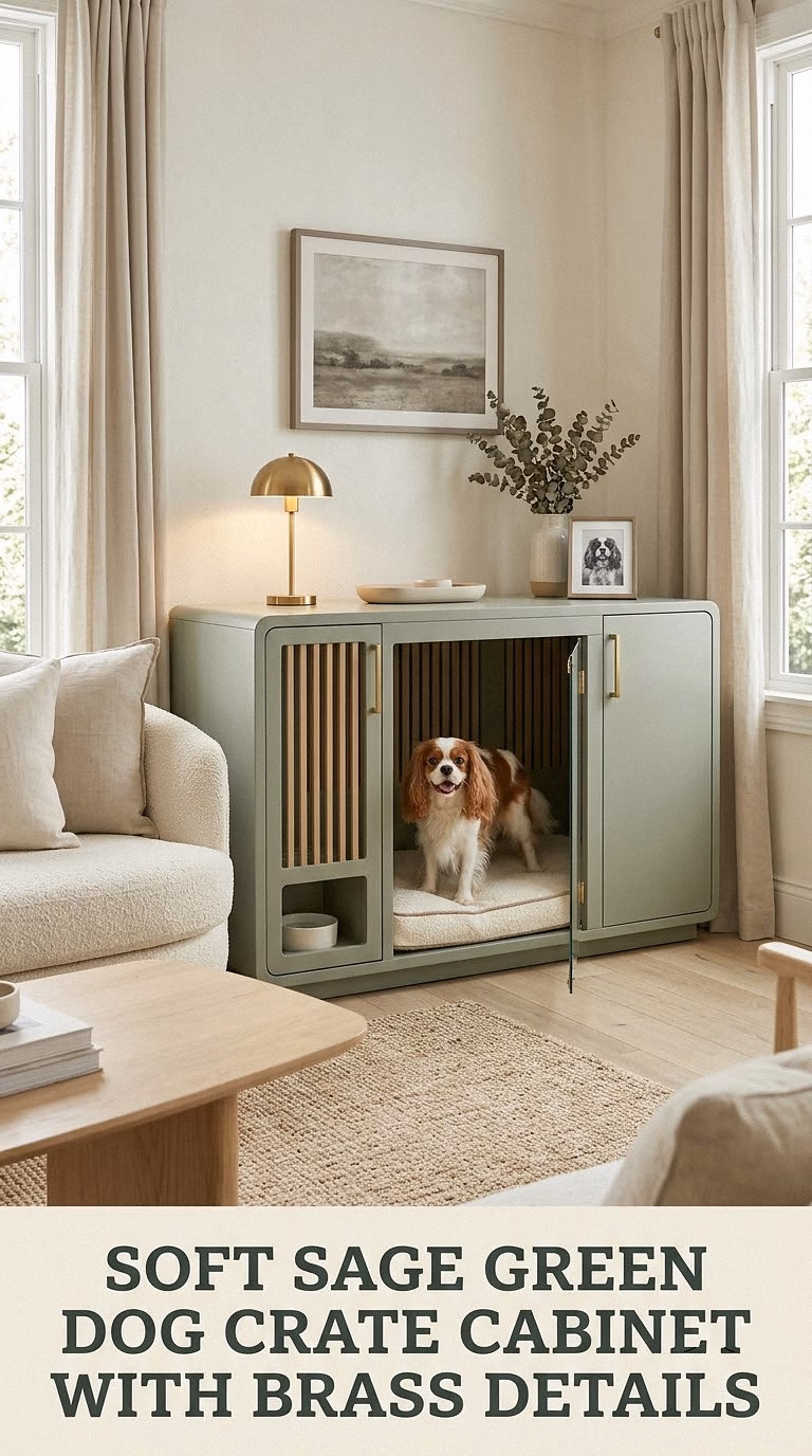 Soft Sage Green Dog Crate Cabinet With Brass Details