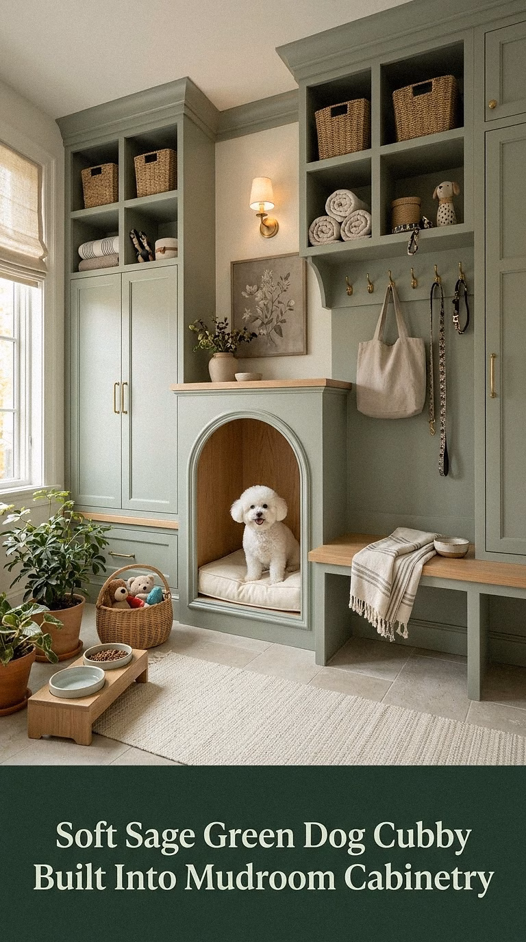 2. Soft Sage Green Dog Cubby Built Into Mudroom Cabinetry