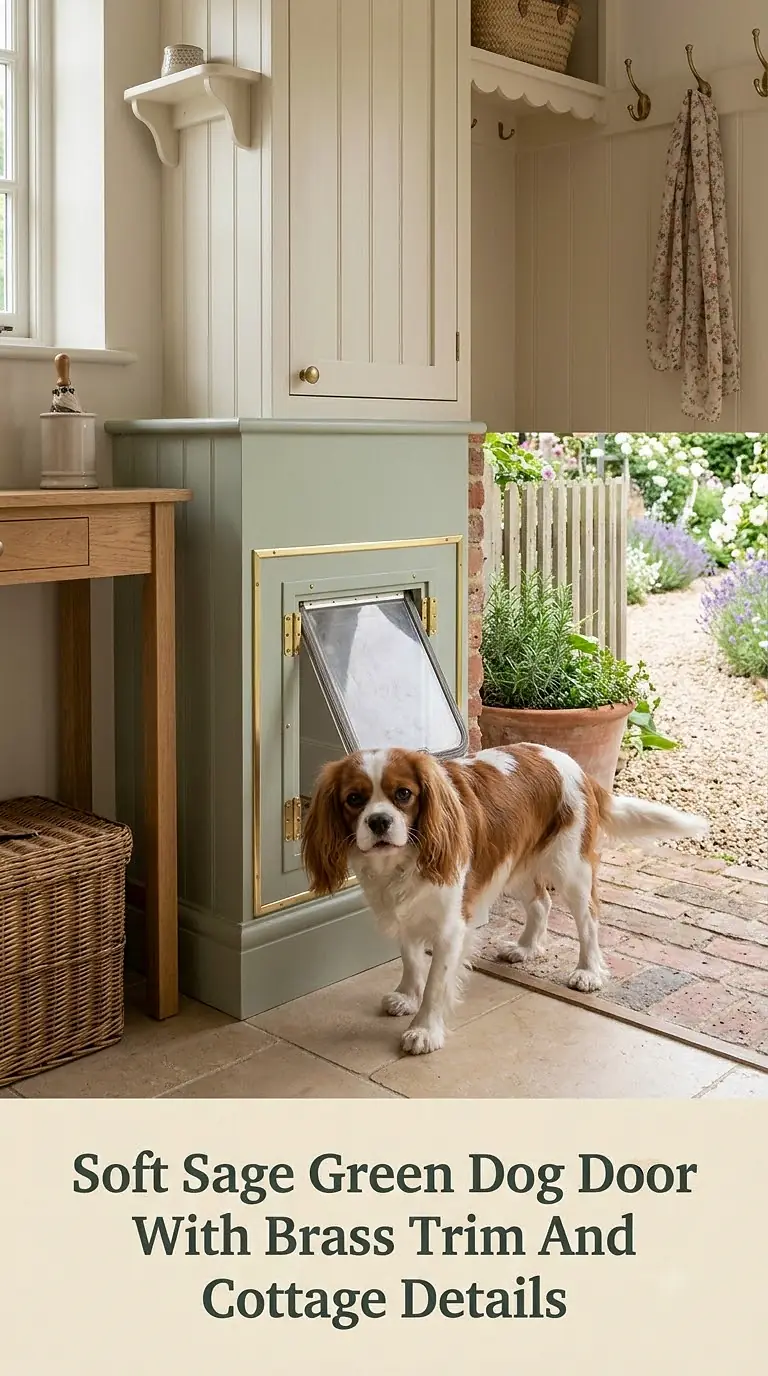 Soft Sage Green Dog Door With Brass Trim And Cottage Details