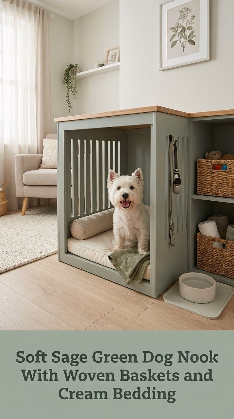 Soft Sage Green Dog Nook With Woven Baskets and Cream Bedding