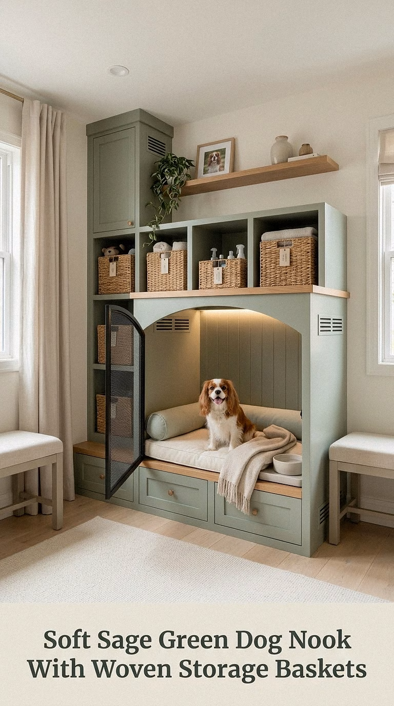 Soft Sage Green Dog Nook With Woven Storage Baskets