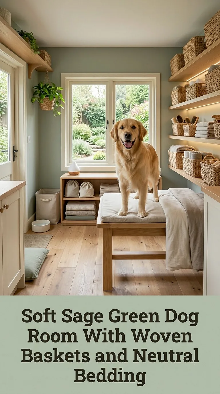 Soft Sage Green Dog Room With Woven Baskets and Neutral Bedding