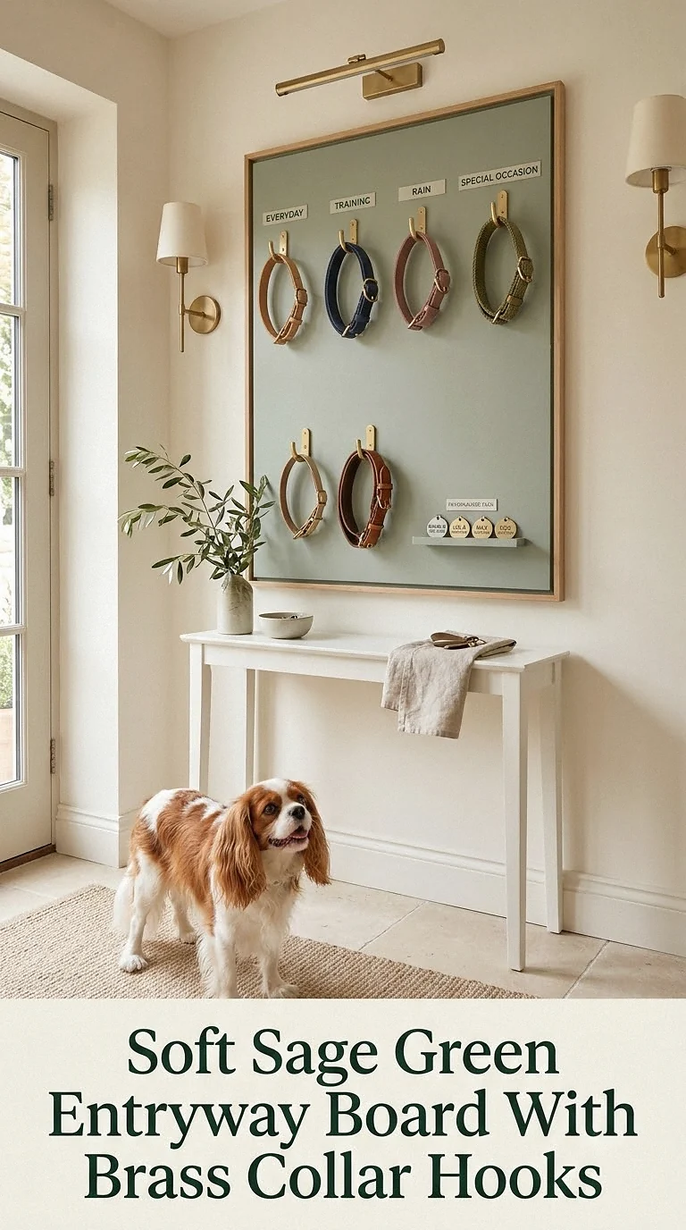 Soft Sage Green Entryway Board With Brass Collar Hooks