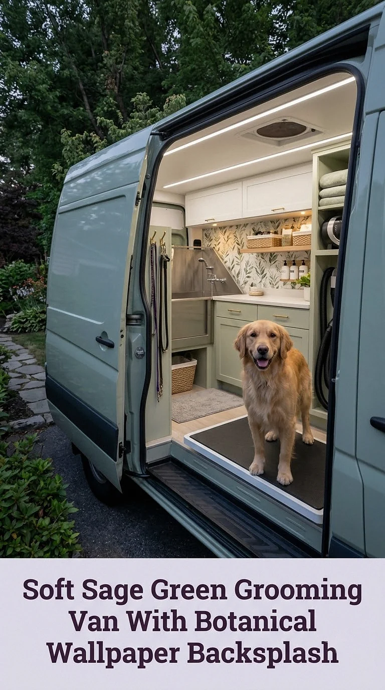 Soft Sage Green Grooming Van With Botanical Wallpaper Backsplash