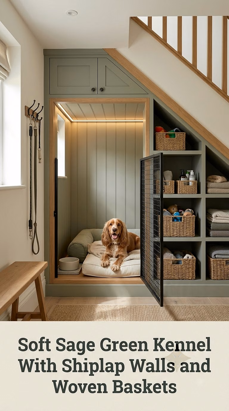 Soft Sage Green Kennel With Shiplap Walls and Woven Baskets